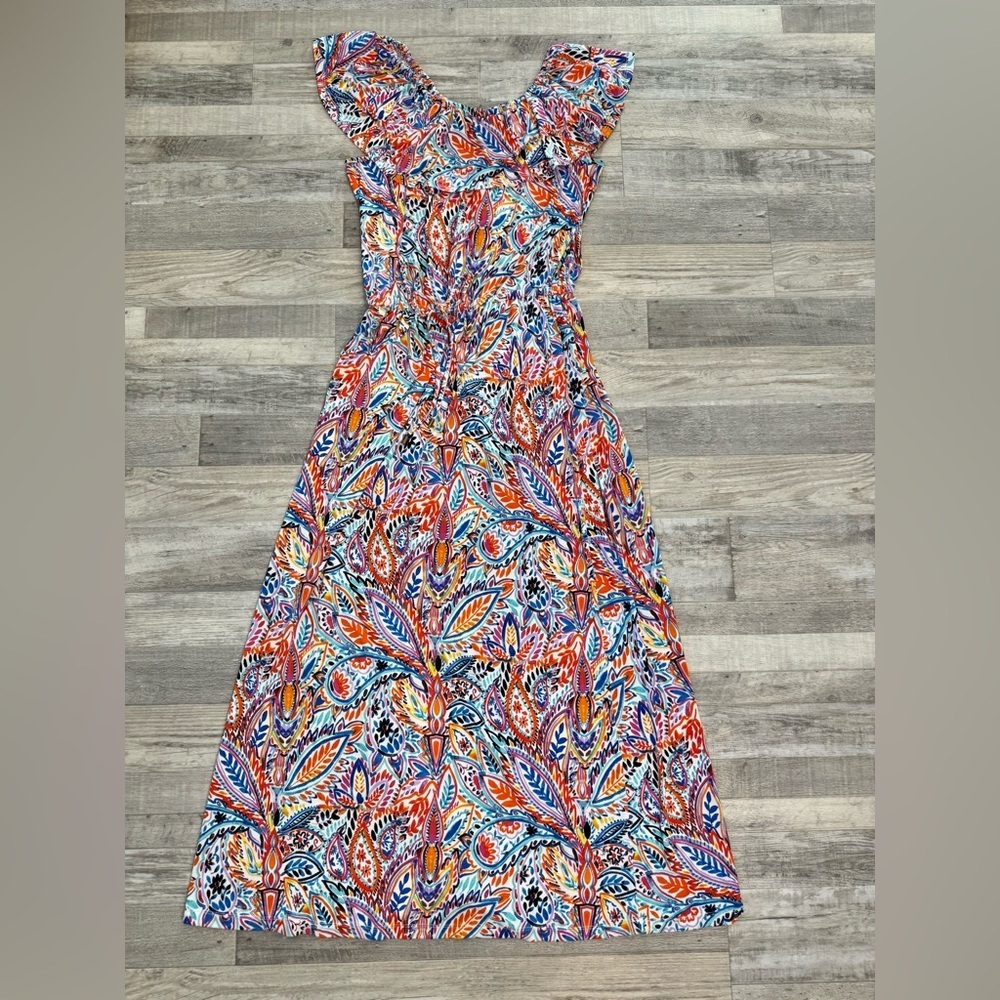 Cupio Colorful Paisley Maxi Dress Sleeveless, Ruffle Collar, Drawstring R35